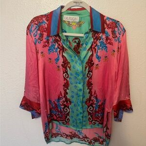 Women's 100% silk La Fuori Pink and Blue Top size S